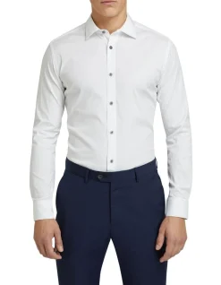 Oxford Stretch Travel Shirt With Charcoal Button In White