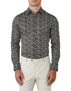 Gibson Slim Stretch Fit Motion Floral Print Long Sleeve Shirt Black/White