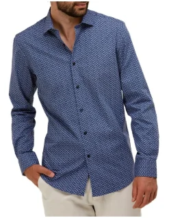 Brooksfield Abstract Floral Print Regular Fit Business Shirt In Navy