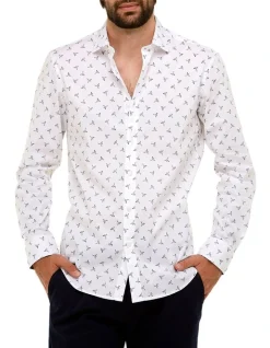 Brooksfield Bird Print Regular Fit Business Shirt In White