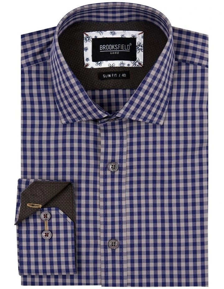 Brooksfield Two Tone Check Slim Fit Dress Shirt In Navy 6 Brooksfield Two Tone Check Slim Fit Dress Shirt In Navy - Image 4